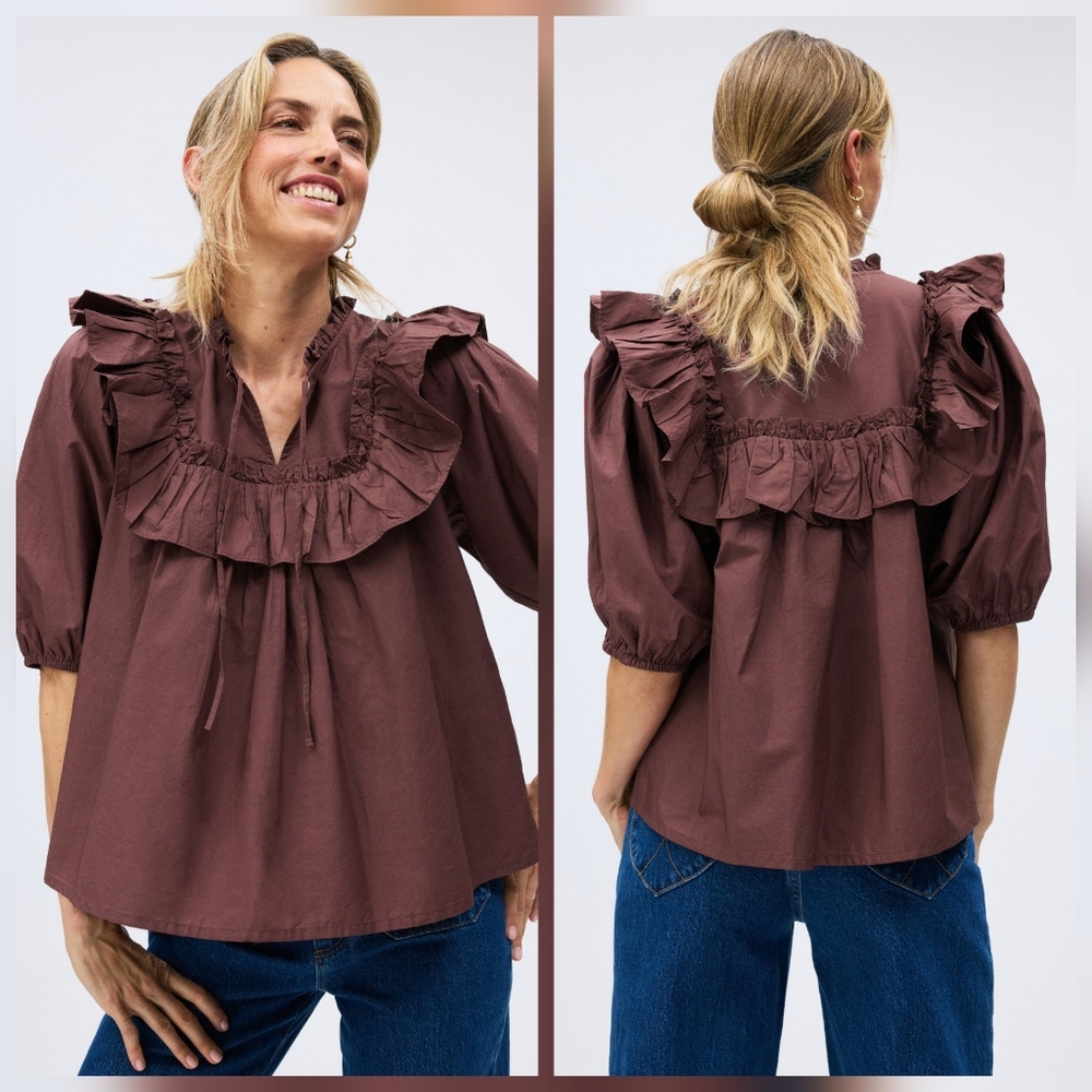 Cleobella Janet Blouse Crew Neck Cotton Short Sleeves Size M
